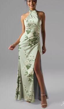 AW BRIDAL 4 S Mottled Moss Green Aiden satin cocktail party maxi dress NEW B45